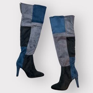 RIALTO Womens Blue Colorblock Carpio Almond Toe Stiletto Zip-Up Dress Boots